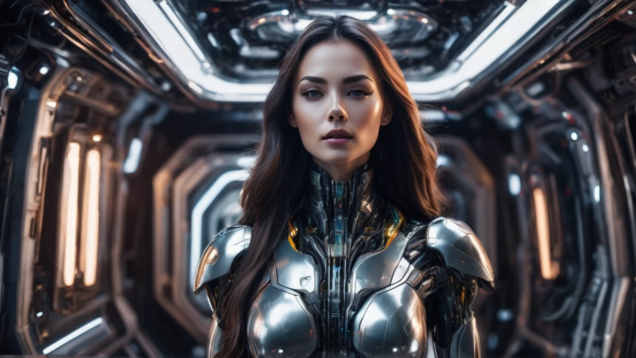 "Full body portrait of a beautiful female cyborg robot inside a massive spaceship, entire figure visible from head to toe. Elegant design with smooth metallic skin and subtle cybernetic enhancements. Long flowing hair, expressive eyes, delicate features. Form-fitting futuristic outfit. Spaceship interior with futuristic details. Large window behind her is entirely green, ready for VFX replacement. Soft interior lighting. Face dramatically lit. Equal emphasis on upper and lower body details. Legs and feet fully visible and detailed. Wide-angle shot to capture full height. No cropping of any body parts. Ensure entire figure is in frame."​​​​​​​​​​​​​​​​