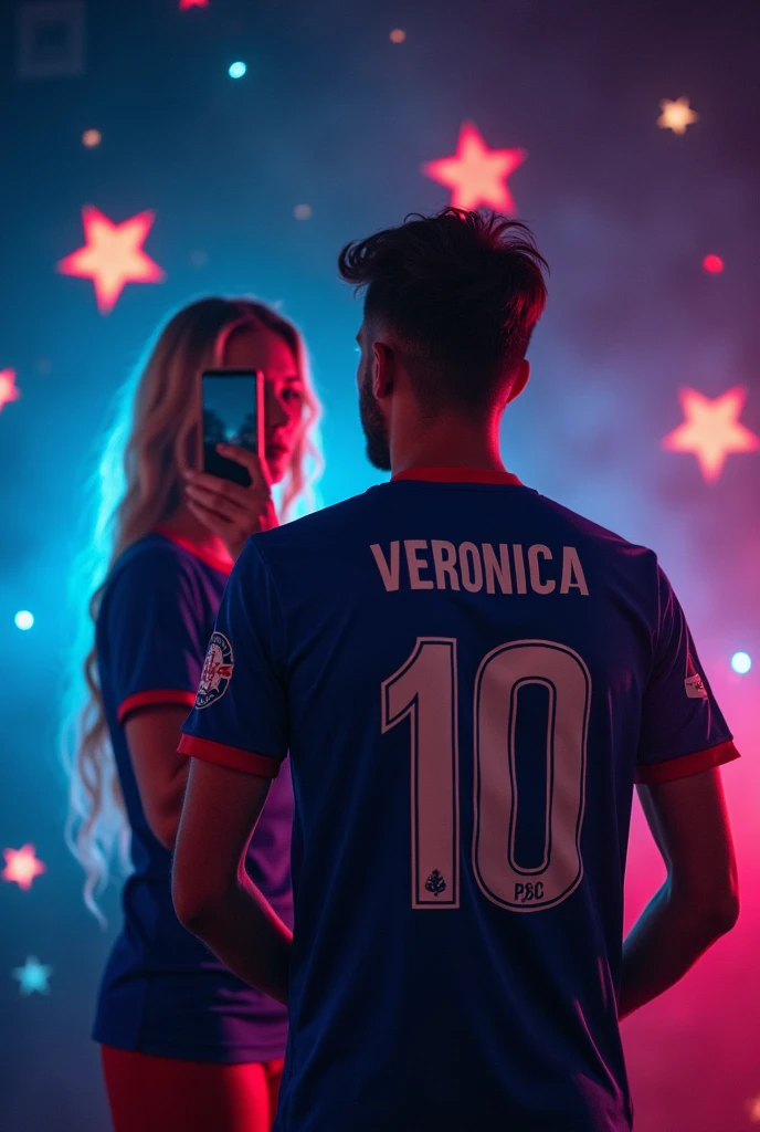 A very sexy woman with a soccer shirt in the upper middle part of the photo with a cell phone on her face taking a photo and in the lower middle part a man with his back turned with a soccer shirt and on the back it says VERONICA pdta: with a background of colored lights as well as dark stars with colors
