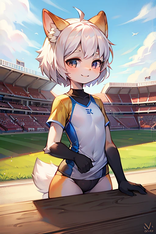rabbit girl,short hair,girl,Small breasts,white hair,masterpiece,best quality,super detailed,super fine illustration,8k,(fullface brasched:1.3),masterpiece,best quality,detailed background,BREAK  sports wear,BREAK little smile,BREAK sports ground,detailed background,beautiful background,