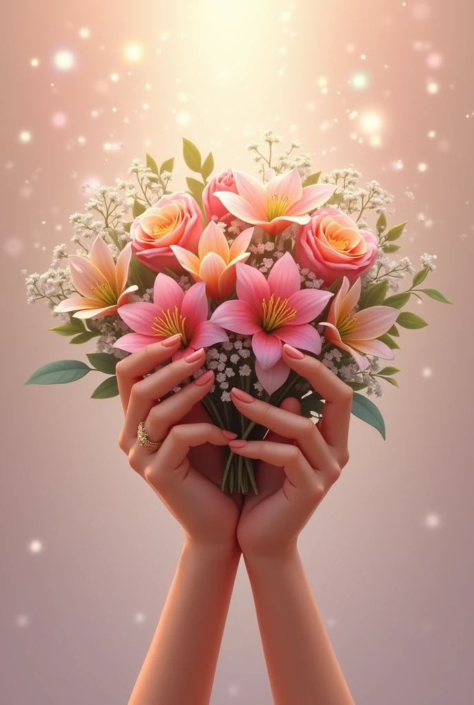 Make two hands holding a bouquet with a ring on the finger