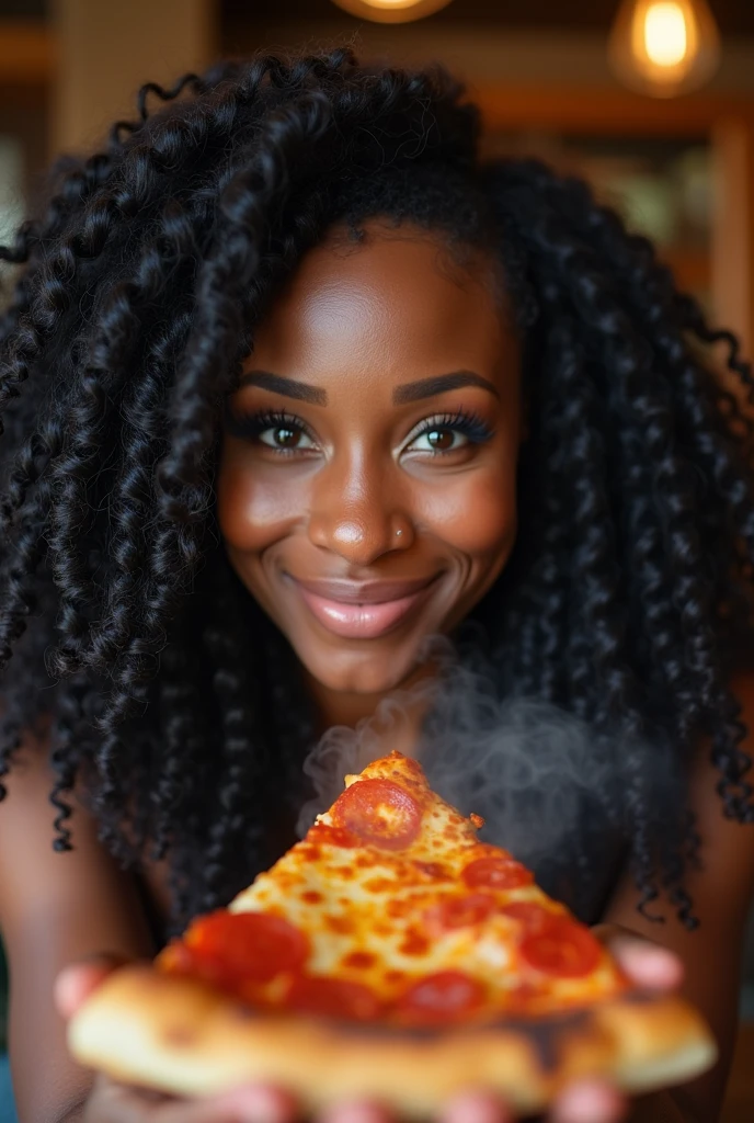 there is a black woman , the woman has curly black curly, she has dark skin, with dark brownish skin, with long curly, long black curly hair she is taking a long shot selfie whilst eating pizza 🍕