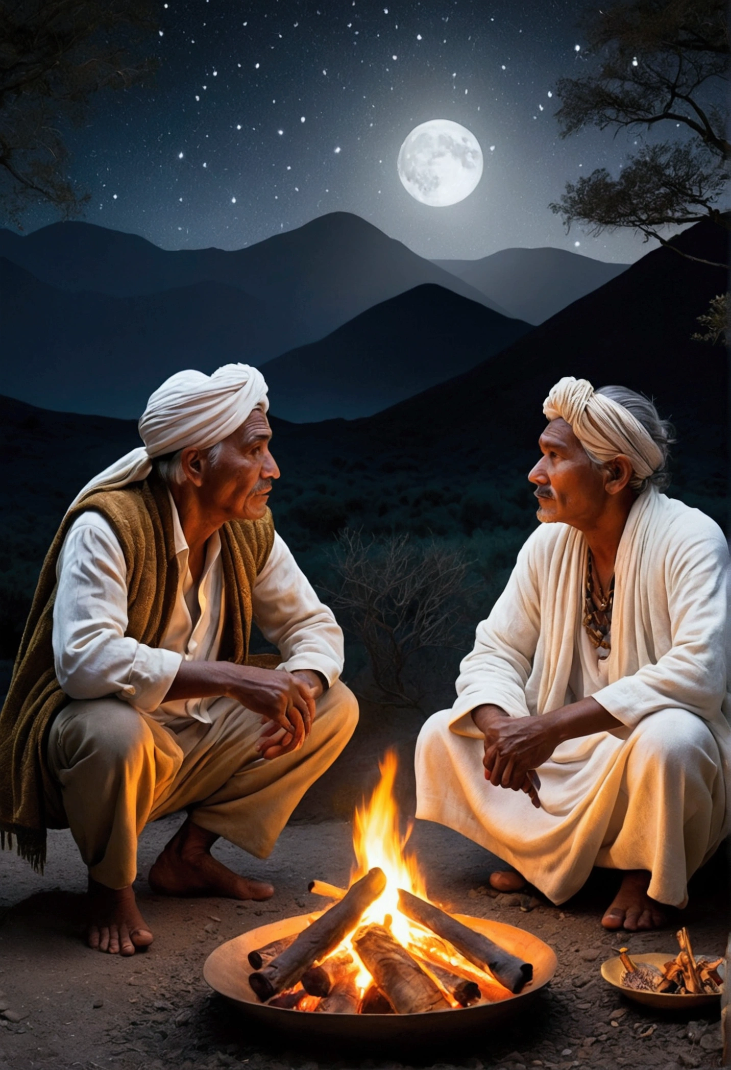 "Two Muisca men sit around a crackling fire on a starry night. One of them, elderly, He wears a white robe with gold edges and a nose ring that reflects the light of the fire.. Her grey hair is tied back in a turban and she wears an earmuff depicting a jaguar.. The other man, younger, She wears a brown blanket with geometric designs and a necklace of stone beads.. Both have their eyes fixed on the fire, deep in quiet conversation. The background consists of dark mountains and a starry sky, with a few scattered trees silhouetted against the moonlight." Photorealism and fantasy style.