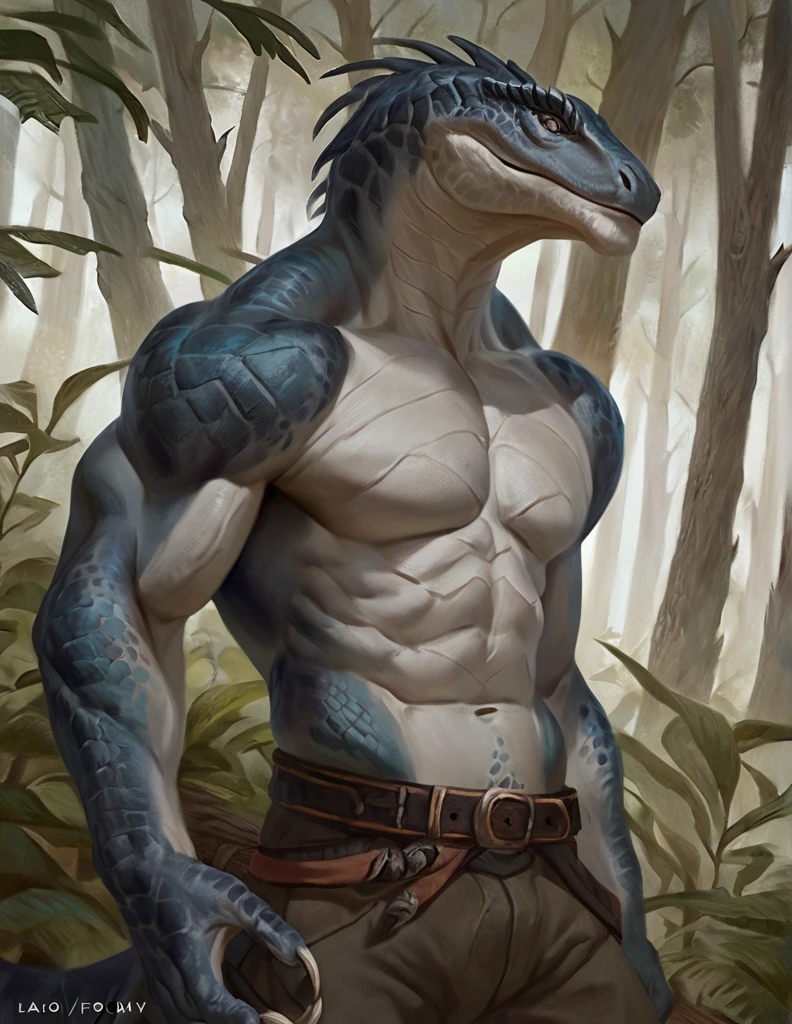 a ferocious male lizardfolk mercenary, muscular detailed body, hunter, tall topless, forest background, light gray body, wearing pants and belts on chest, comic book style illustration, best quality, 4k, ultra-detailed, realistic, by laobai, by taran fiddler, by honovy
