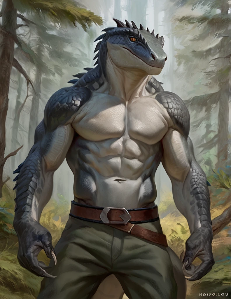 a ferocious male lizardfolk mercenary, muscular detailed body, hunter, tall topless, forest background, light gray body, wearing pants and belts on chest, comic book style illustration, best quality, 4k, ultra-detailed, realistic, by laobai, by taran fiddler, by honovy
