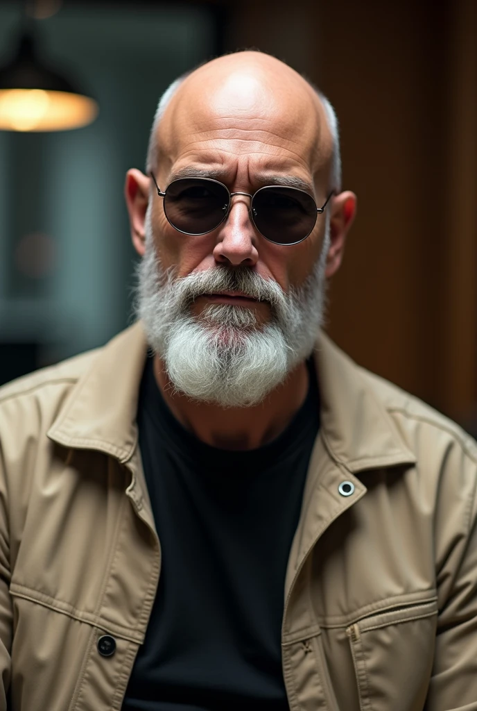 Male thin face , thin lips full beard white , bald bald , round frame glasses, black color, tinted lenses, black t-shirt with beige jacket , in the office 
