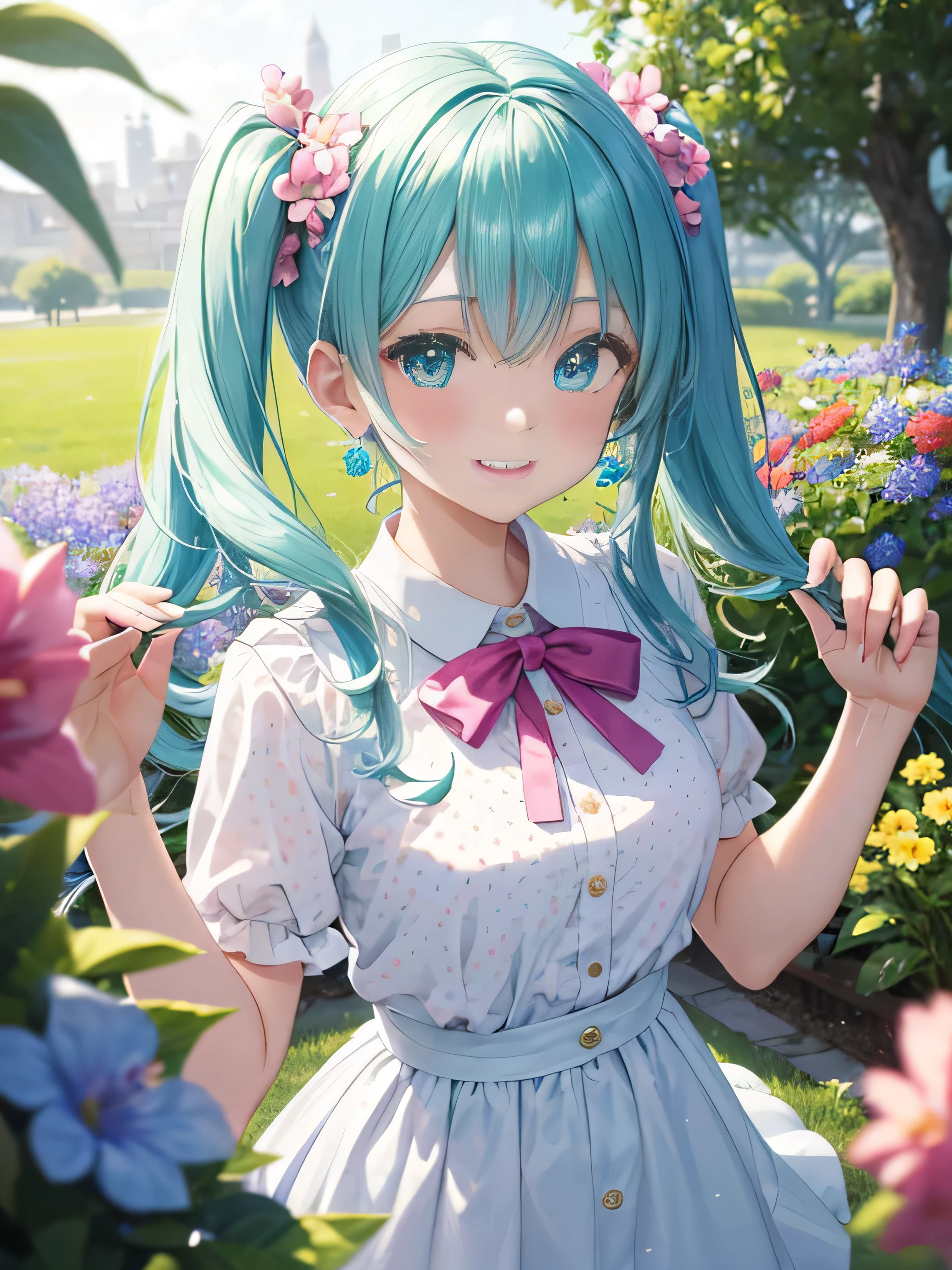 Glasses、小さなgirl、The arrival of spring、Big Ass、 (alone:1.5,)Very detailed,Bright colors, Very beautiful and detailed anime faces and eyes, Look straight, ;Shiny_skin,girl, ((Gradient Hair, , Half blue、Half pink hair: 1.2)） 、Forehead is exposed.、Green Eyes、Shiny hair, Delicate and beautiful face, blush、(Turquoise Eyes), White skin, Valletta, Earrings,、blue flower field、((ribbon、(Floral、blouse、Polka dots、White Skirt)))、Twin tails、smile、smile、Face dyed red