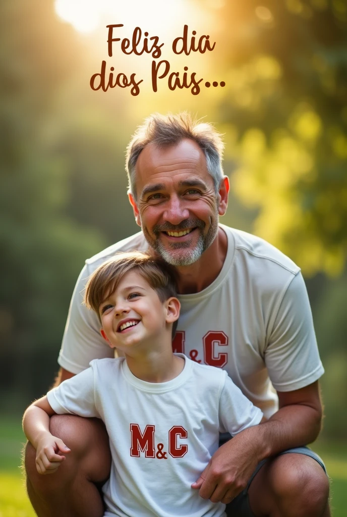 crie um post realista para Instagram com um pai e um filho com o texto "happy fathers day" at the top of the image in Portuguese. cada um deve ter a logomarca "M&c" in your clothes
