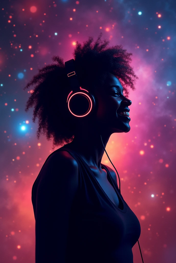 Silhouette of smiling black woman listening to music on headphones reading, in the background the universe with neon colors