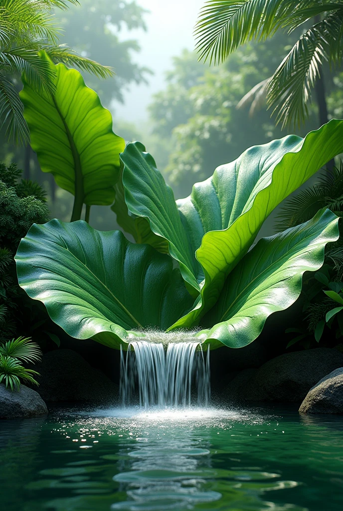 Water fountain coming out of a tropical leaf