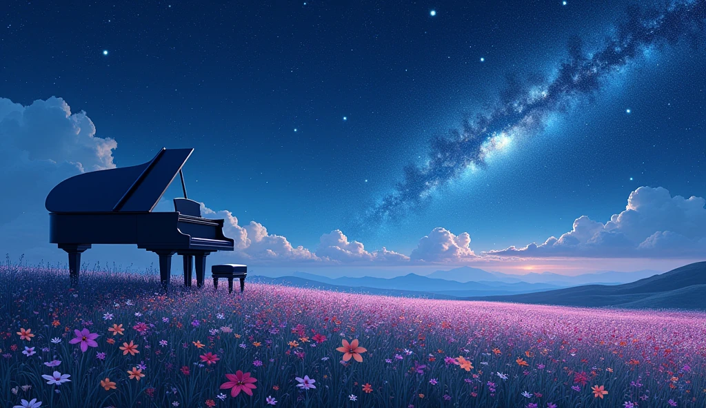 「Starry Skyの下、グランドpianoが置かれたFlower Field、青いグランドpiano、Milky Way Galaxy、Fantastic landscape」
「グランドpiano、Starry Sky、planet、universe、Mysterious atmosphere、Digital Art」
「piano、Flower Field、Fantastic landscape、Silence、Lonely」