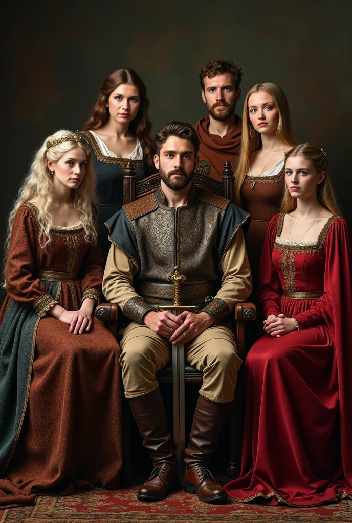 family portrait in medieval style - in the middle sits in a chair a man king holding a sword, and around him his 6 wives