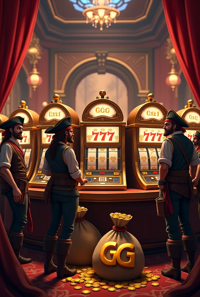 Various slot machines with the number "777" on the screen , bags of money written "GG" written in gold coins , pirates
