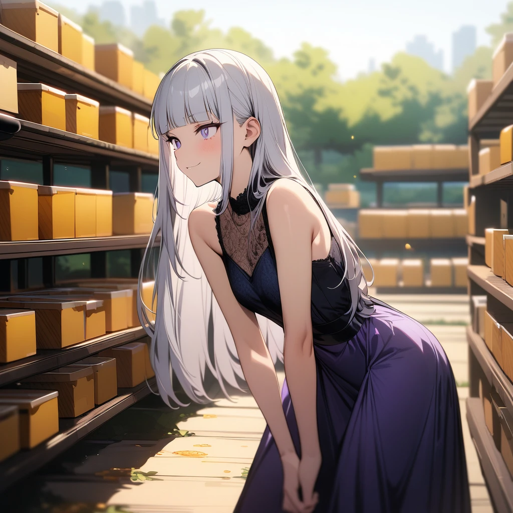 (masterpiece),(best quality),very aesthetic,(ultra-detailed),high saturation,1girl,yo,slender,long hair,silver hair,straight hair,(blunt bangs),dark blue alluring eyes,smirk,thinking,An elegant and sophisticated outfit perfect for a party, featuring a purple sundress with black lace accents,standing,leaning forward,ecstasy,outdoors,bee yard,apiary landscape,cowboy shot,(spoken about honey),sideways glance,looking away