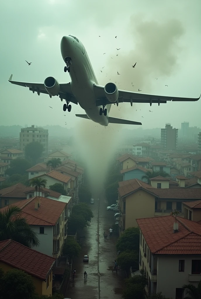 "A series of images showing a plane crash in Brazil. The plane is seen spiraling out of control before crashing into a residential area. Describe the sequence of events captured in the images, focusing on the plane's trajectory, the surrounding environment, and any visible damage."