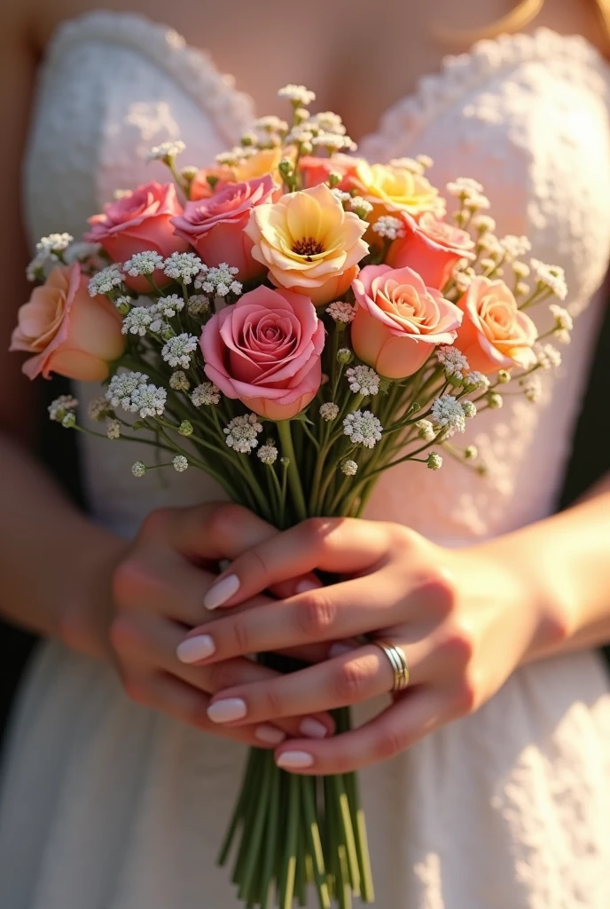 Make two hands holding a bouquet with a ring on the finger realistic