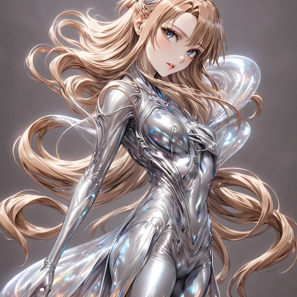 ((Highest quality)), ((masterpiece)), (detailed), （Perfect Face）、The woman is a metallic lifeform named Yuuki Asuna, with metallic silver skin and light brown, metallic, medium-long hair.、The woman is a metallic lifeform made entirely of metal.