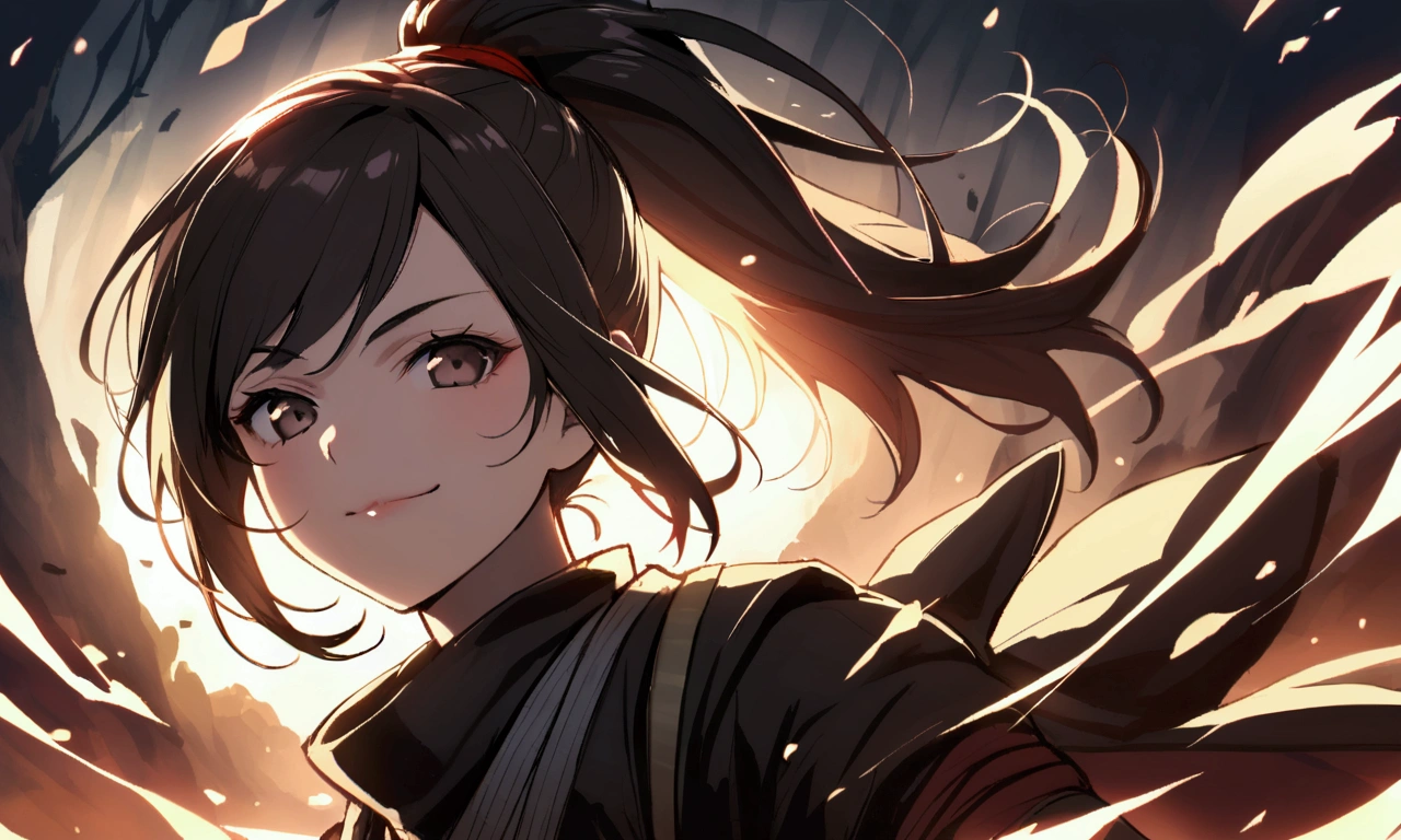Smile, dark hair, ninja, young face, hair in ponytail