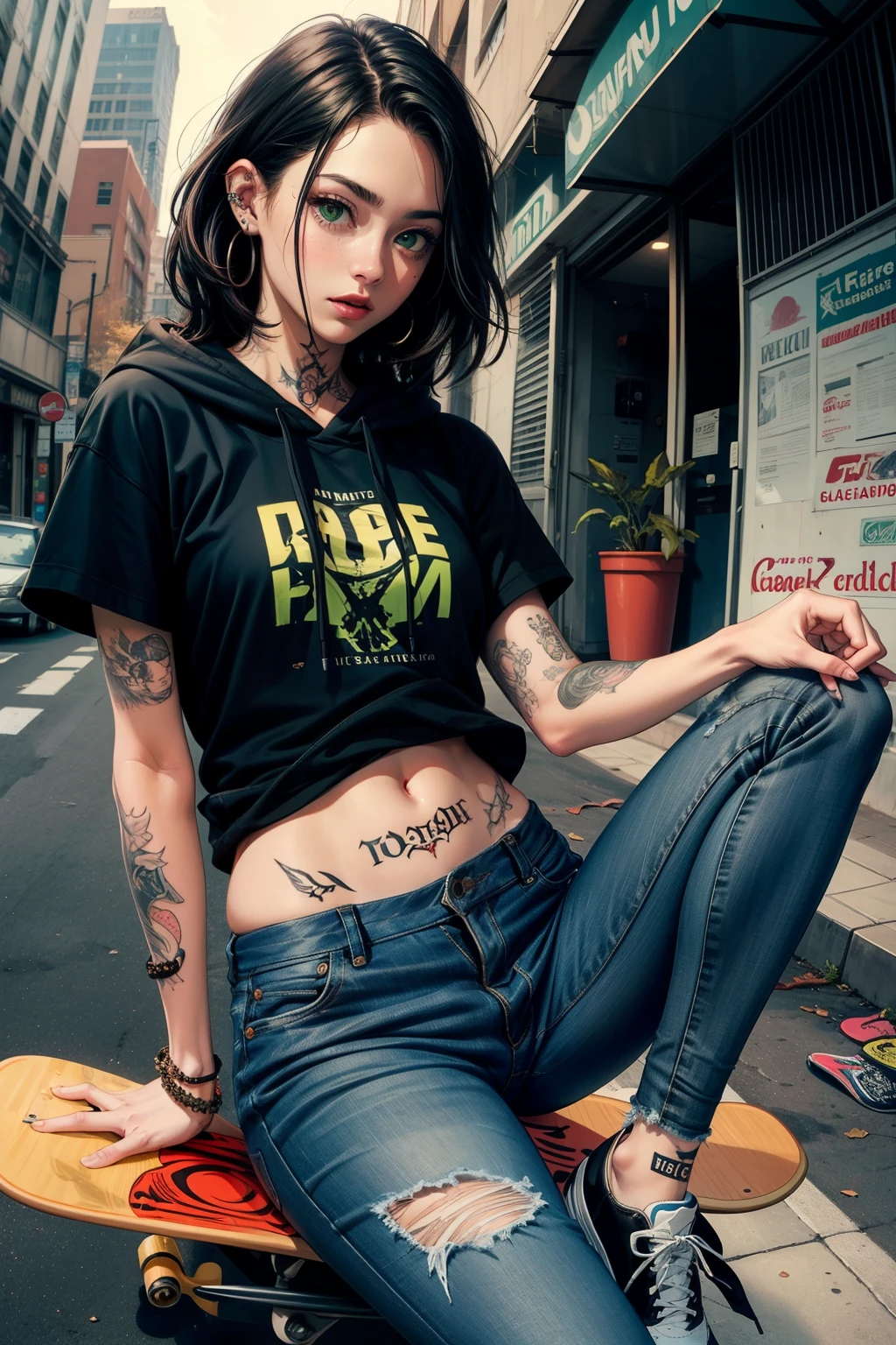 The most beautiful and sexy skateboard girl, Black hair, green eyes, wearing hoodie, graphic t-shirt, torn skinny jeans and highly detailed skateboard gear, tons of tattoos and piercings, highly detailed background, perfect masterpiece, high quality, high resolution