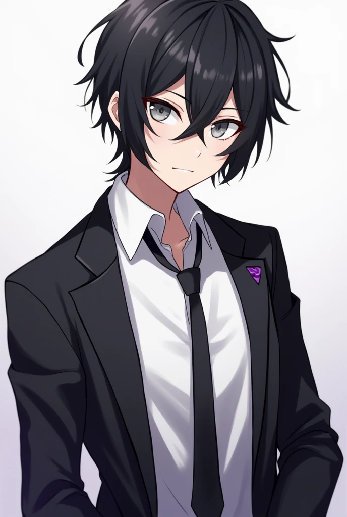 generate an anime character who wears all black, white shirt, has black hair and gray eyes, and has a purple right arm, naughty man