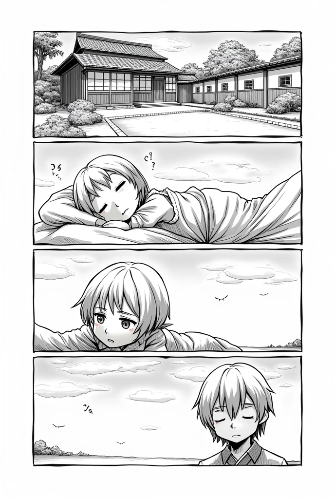 Create an image of a Japanese manga page in the first frame a house in the second frame a child sleeping in the third frame that child is uncomfortable in the fourth frame and the sky. in black and white