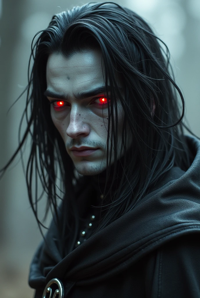 Rogue eladrin MAN with black hair, gray skin and red eyes