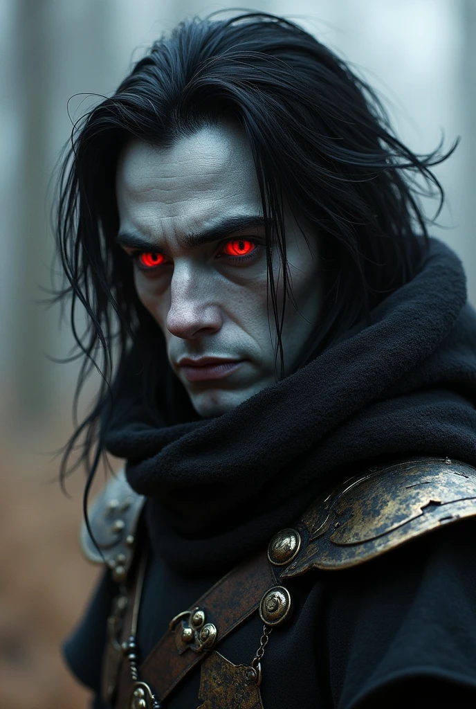 Rogue eladrin MAN with black hair, gray skin and red eyes