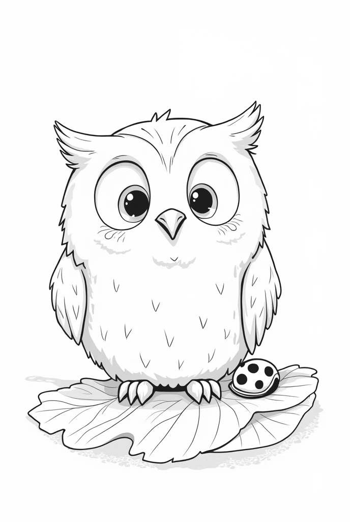 Black and white cartoon of a happy bright-eyed owl with a ladybug on a tree leaf 