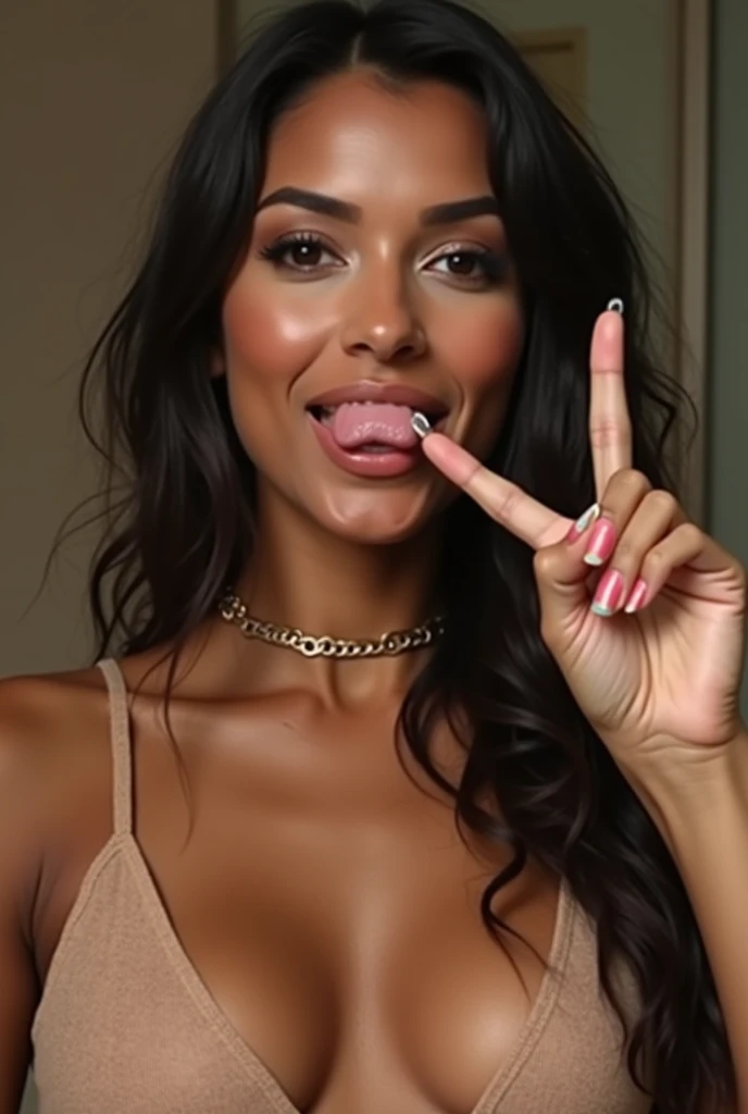 Create an image with Mia Khalifa naked with a penis in her mouth and tongue out, making a sign of 2 with her fingers and winking