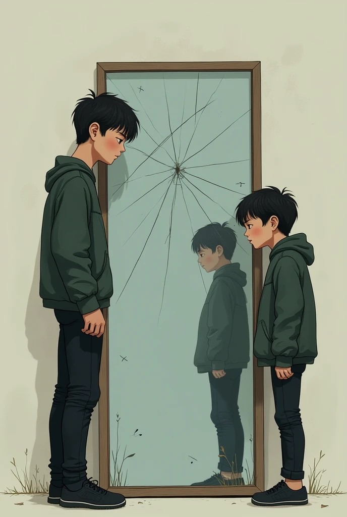 I want an illustration of two people comparing themselves in front of a mirror.. One of them looks very confident, while others look sad and dissatisfied. You can add a cracked mirror element to show the imperfections they perceive.. 