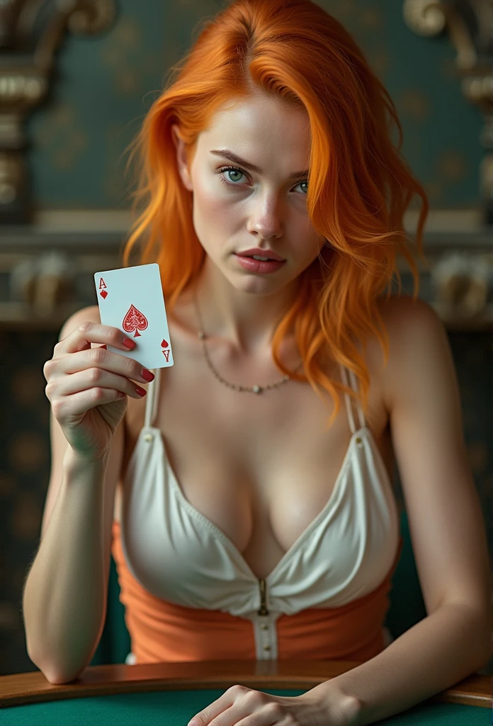dynamic angle, Very detailed description_She has blue eyes and orange blonde hair., She is wearing a mixed white and orange dress., He holds up a poker card and extends one arm to show it to the viewer...( Enlarged card in the center front ) sitting woman:1.2, voluptuous breasts, perfect body, Aura of Fascination, matted hair, But it&#39;s really beautiful. (very detailed details_delicate eyes, pointed nose, plump lips, 1 beautiful 20 year old woman), clean skin, She is concentrating on the card game.., surrealism, Blurry background with intricate and detailed details, 8k ultra high definition, masterpiece, 