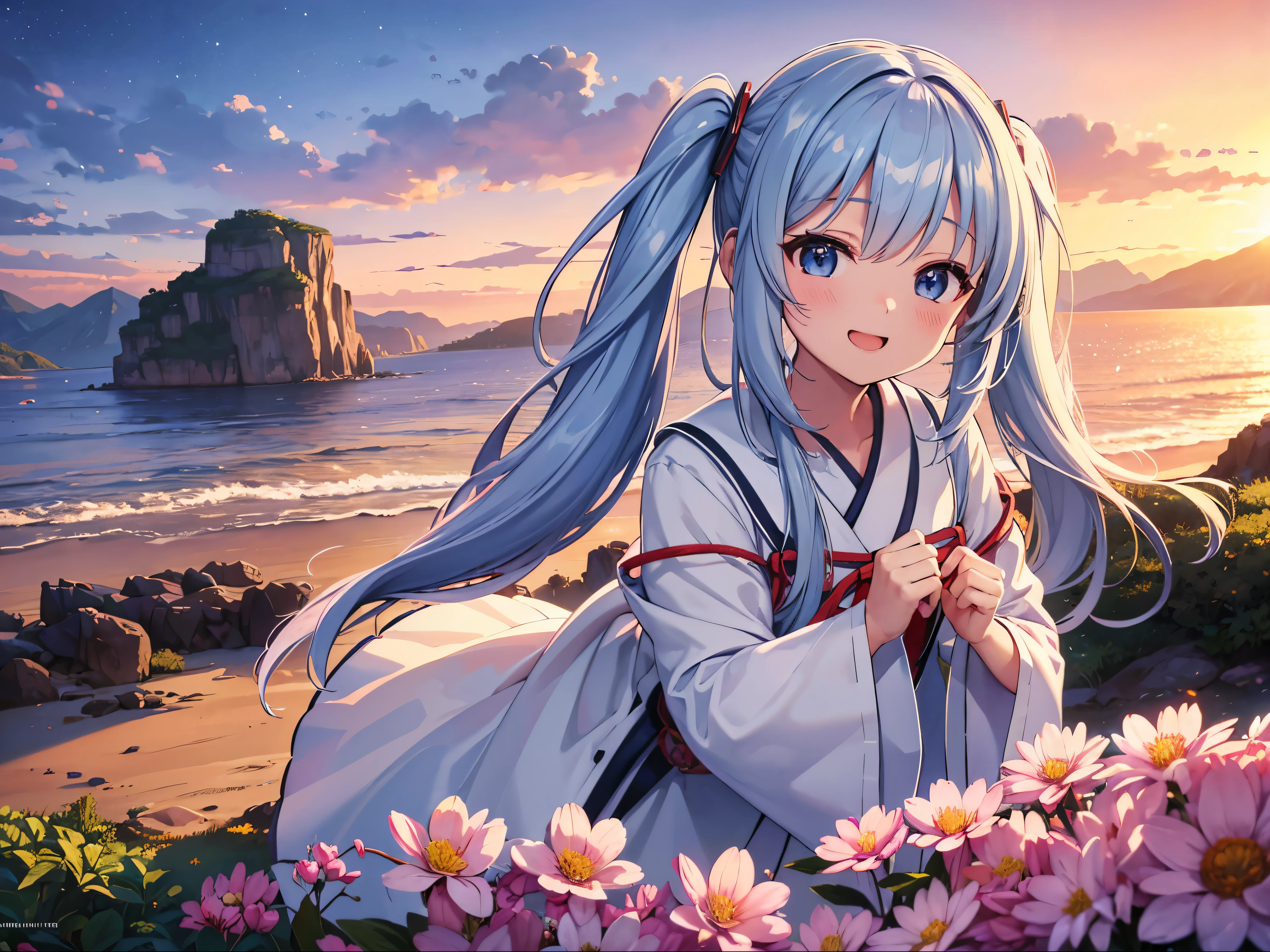 spring、輝いているsunset、Majestic Mountain々and the sea、Lots of flowers々、Light blue long hair、beautiful girl with twin tails、Smile、dreamy fantasy art, Chibi girl character also appears.、, (Optimal Configuration), Ultra Wide Angle, Octane Rendering, Strengthen, sunset、(Highest quality, masterpiece, Professional, unity 8k wallpaper:1.3)