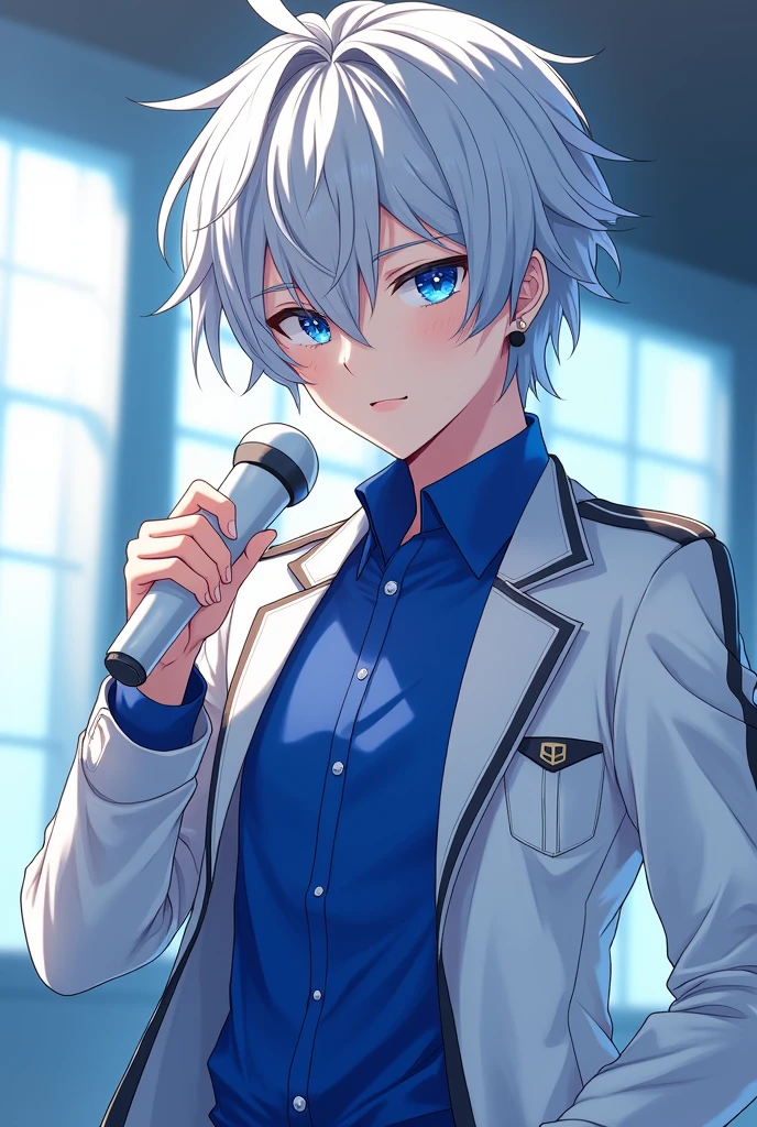 Anime idol boy with messy silver hair falling over one eye.
skin fair.
royal blue eyes.
white silver jacket with silver.
royal blue shirt.
white idol microphone.
vocaloid sekai cool stylish cold personality
