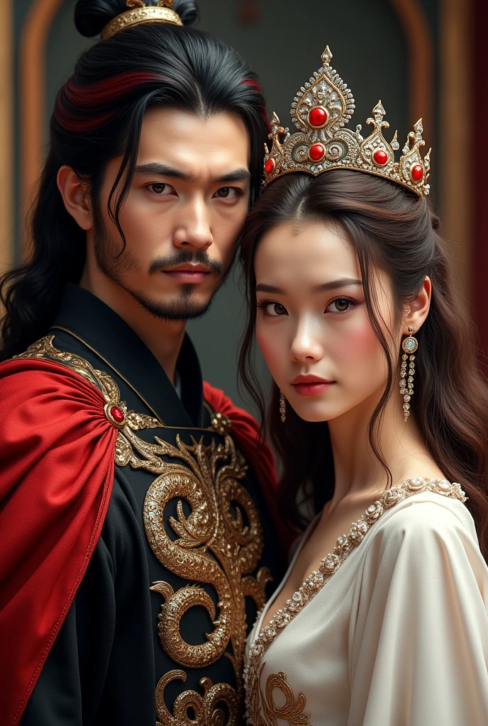 A king and a queen.
The king has black hair with red tips., Her skin is white, wears a silver-colored crown and red stones, His clothing is black with red and he has the symbol of a dragon on his chest., Her hair is short.
The queen has white skin, She wears a white and gold dress, Her hair is long and wavy. brown in color, She wears a golden crown with white stones. Both have North American features