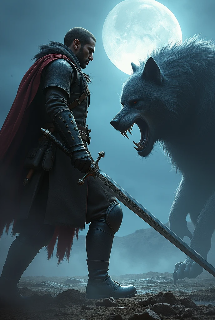 A soldier with a sword is about to start a war against a werewolf