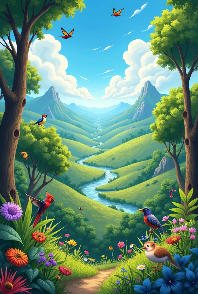 draw a poster about biodiversity with a healthy state of environment or biodiversity and show the importance and how we will protect it and put some drawing pr behind of it that harms biodiversity 