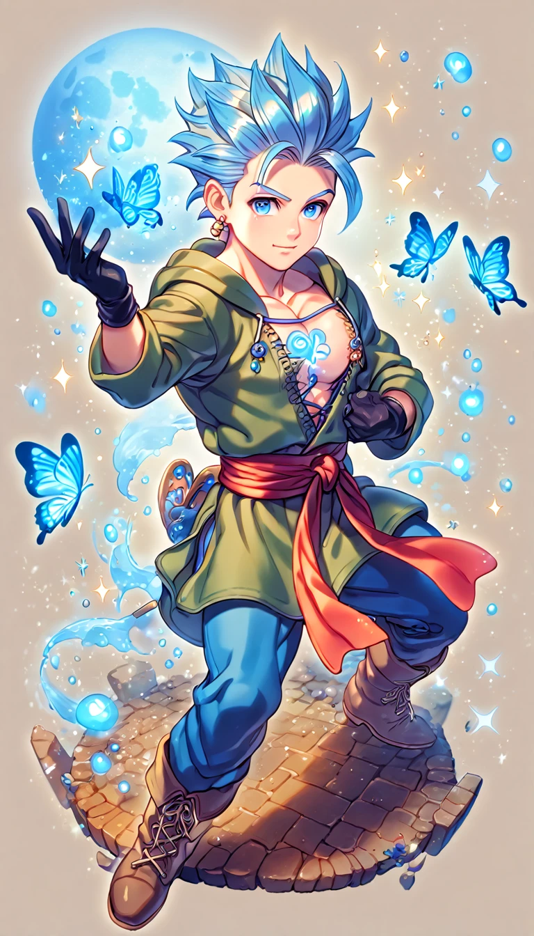 absurdres, highres, ultra detailed, HDR, master piece, best quality, extremely detailed, Erik, light-blue hair, hair slicked up, spiked hair, expressive blue eyes, Dragon Quest XI, solo, sexy man, handsome, sensual, manly man, hooded dark green tunic with lacing that exposes his chest, a red sash tied around his waist, golden earring, black gloves, blue pants, brown boots, fantasy, magic, sparkling, water, blue moon, blue flowers, blue butterflies, blue petals