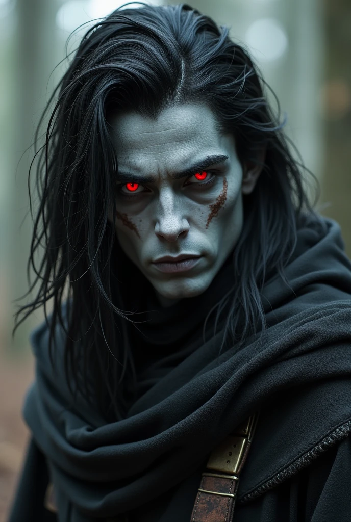Rogue eladrin MAN with black hair, gray skin and red eyes