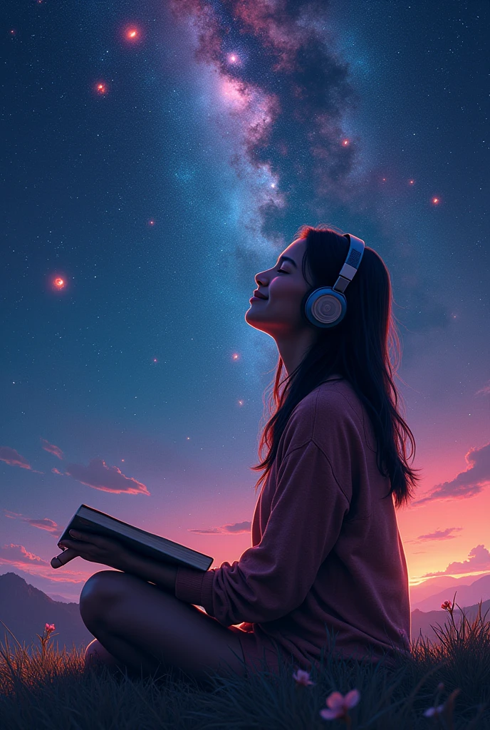 Silhouette of smiling indigenous woman listening to music on headphones and reading, in the background the universe with neon colors
