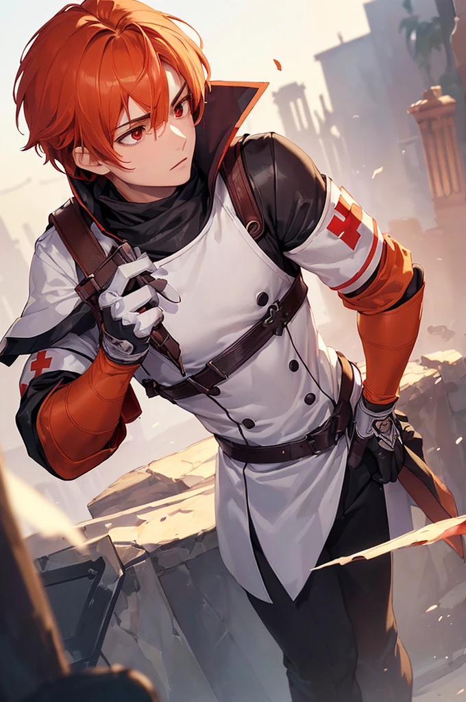(((masterpiece; best quality: 1.2))), (finely detailed eyes: 1.3), ((ung man)), ((solo)), (red eyes: 1.4), (body shape; lean, masculine: 1.3), (very short orange hair: 1.3), (beautiful and clear background: 1.2), ((depth of field)), (equipment: dark-fantasy white adventurer medic long-sleeve uniform + armband with red cross + gloves: 1.3), (anime illustration: 1.2), (background composition; palace gardens + day: 1.1), (extremely fine and handsome: 1.1), (shot composition; standing + centered on face + bust close-up: 1.5), (facial expression; calm, stoic: 1.2)