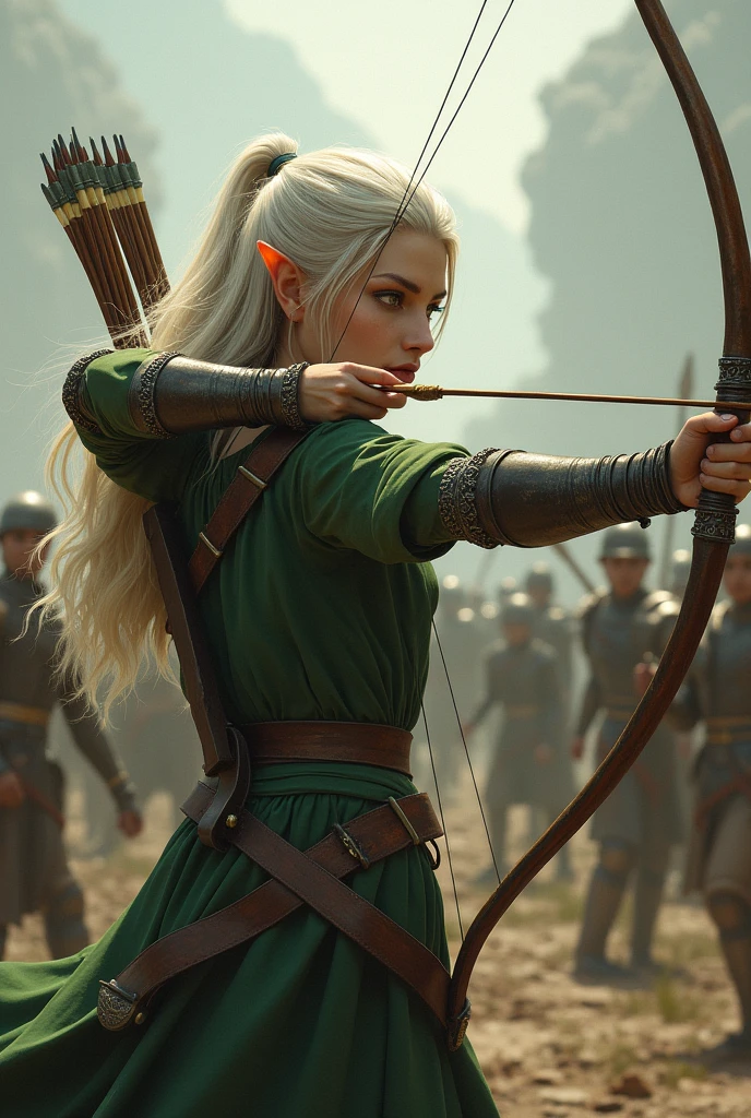 An elf archer approximately twenty-eight years old. Your hair is medium, almost white blondes, Emerald green eyes, pele alva, wearing simple armor. The ears are slightly pointed. She is in an attack pose in a war scenario.