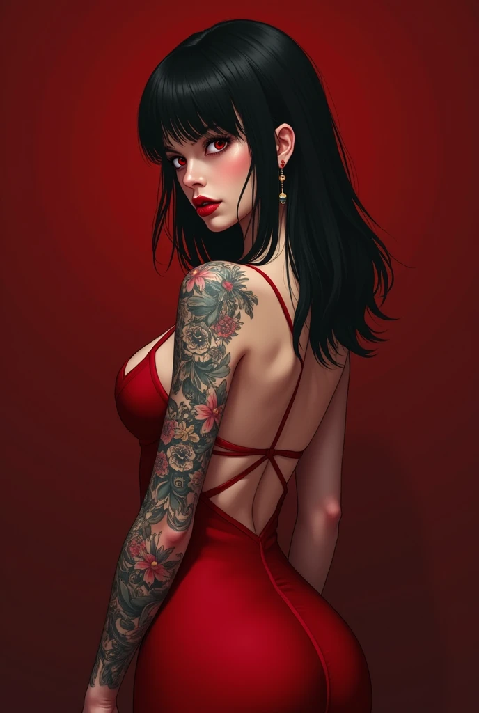 masterpiece, 1girl, solo, tattoo, natural big breast, red eyes, black hair, red dress ,dress ,looking at viewer, back view, earrings, jewelry, arm tattoo, stand pose, revealing dress, red lips, nail polish, bangs, clothing cutout, red theme, lips, (disgust:1.3), 150mm lens, photography"