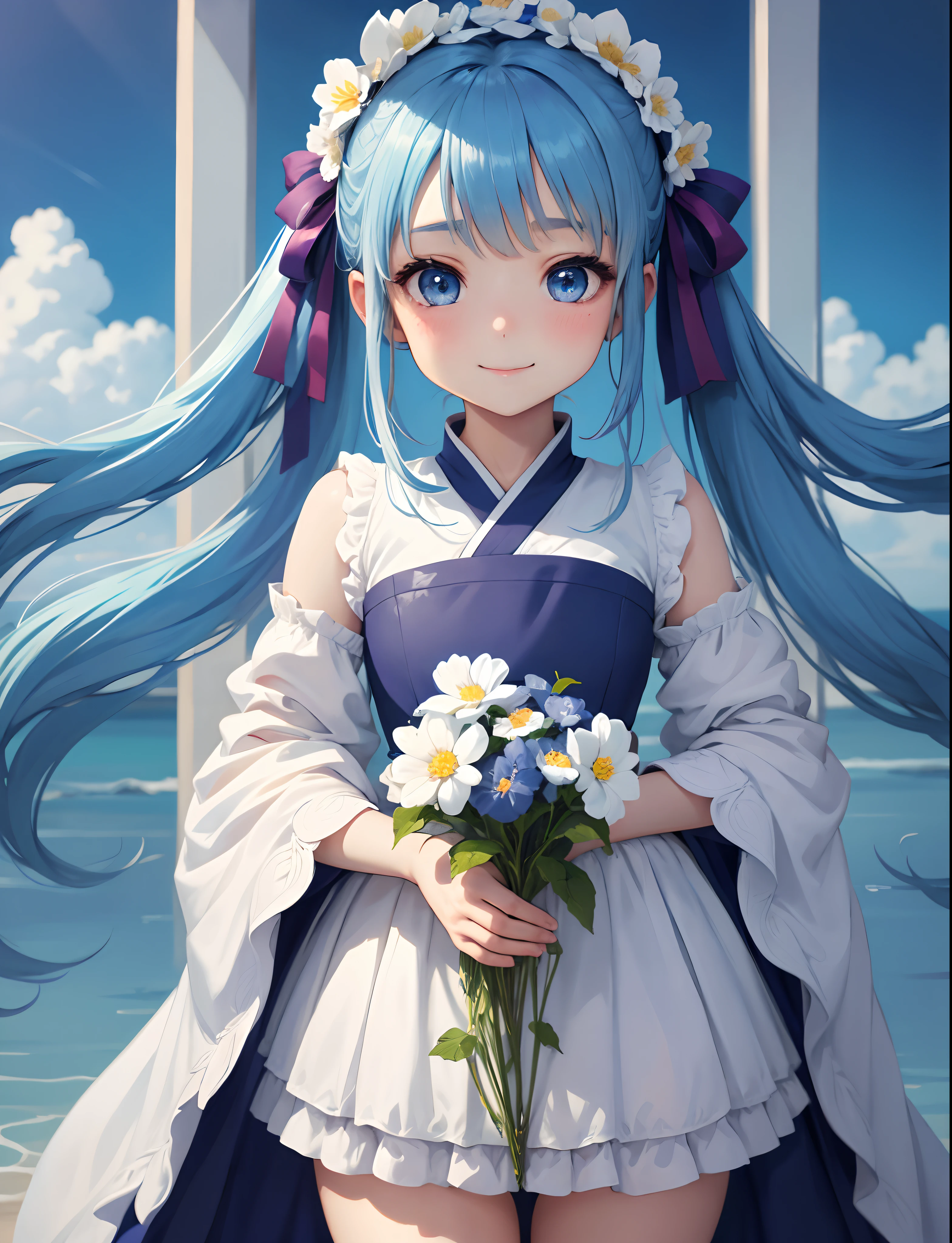 masterpiece:1.2、high quality、最high quality、High resolution、detailed、Surreal、One Girl、Light blue twin-tailed long hair,,,,、Beautiful Blue Eyes、Bright costumes、Are standing、blue sky、rainbow、かわいらしい笑face、Cosmos、(detailedなface)、((Sharp focus))、((face))、