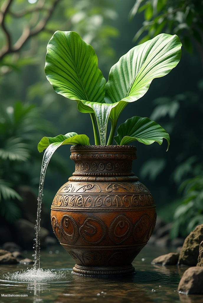 Water fountain coming out of a tropical leaf and falling into a pre-Columbian jar