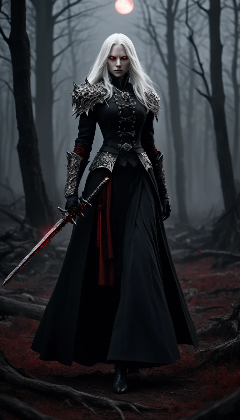 Masterpieces, female, red glowing eyes, long white hair, pale skin, vampire thrall, fantasy dark souls vampire demon, (wearing frock coat, black, red and silver color scheme), (wielding a sword), (action shot: feral snarl), standing in a dead forest, Full red moon. Full body shot, cinematic shot, volumetric lighting, intricate pattern detail, highly detailed