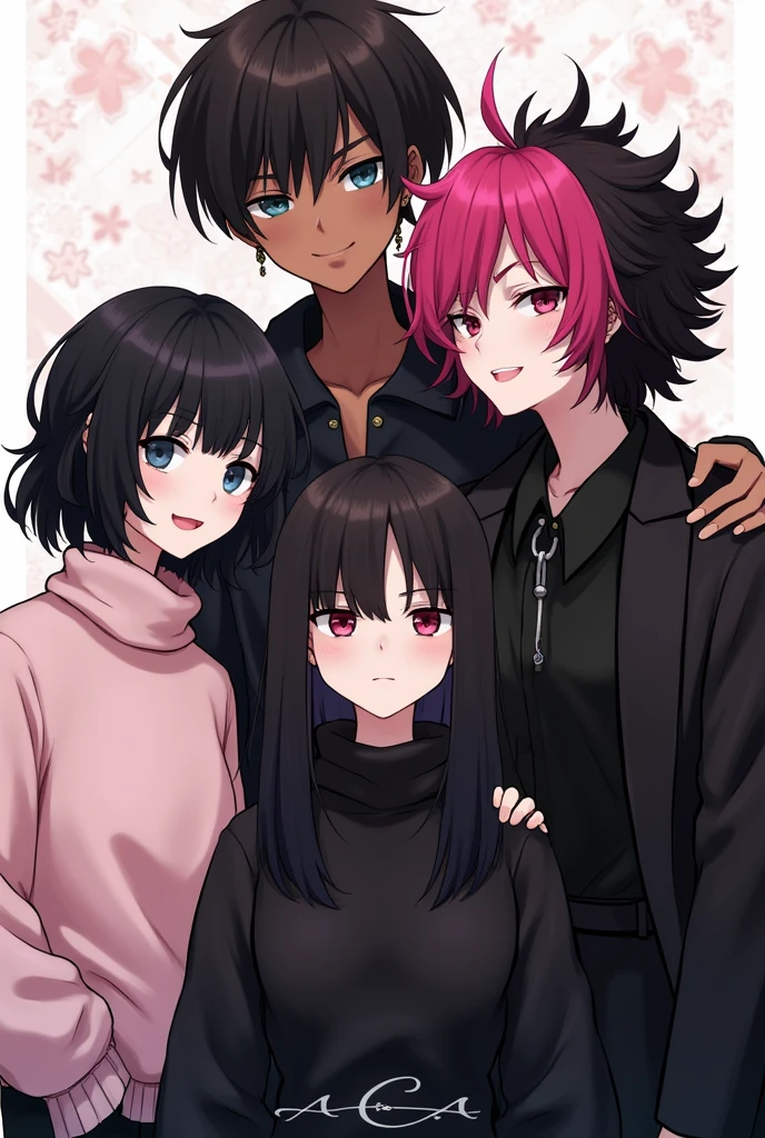 "E-girl in a light pink sweater with black Power hair, with outlined" "and E-girl with black coat and curly black Power hair" "and another e-girl with a black coat, straight hair with pink bangs, a little towards the shade of red, with the rest of her hair black" "a dark-skinned man with short hair shaved on the side, with a thick cord, with a black blouse"