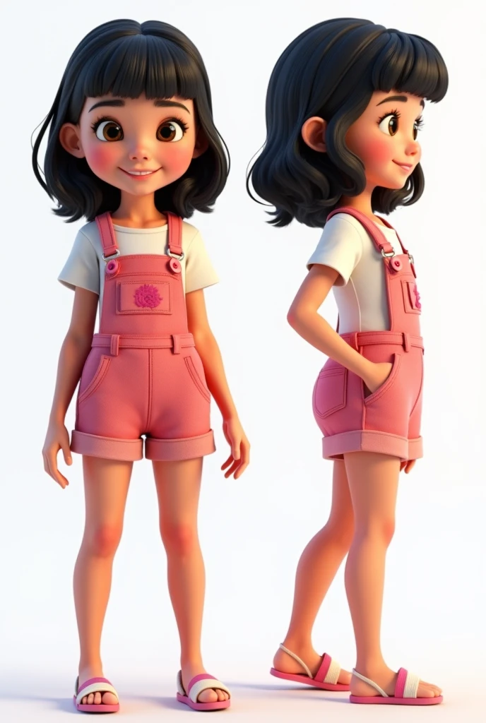 3D Disney Pixar girl, , cute, with shoulder-length black hair, brown eyes, wearing short overalls with pink buttons on the front, beautiful makeup, multiple positions, smiling expressions. White background