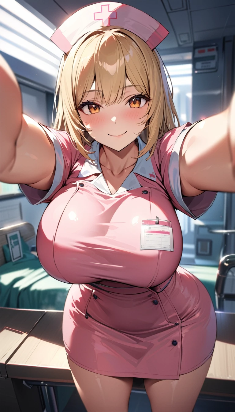 (Best Quality:1.5, High resolution, HD, 4k, detailed lighting, Shaders, perfect hand anatomy), straight blonde hair, busty, nurse costume, neckline, thighs, smiling, to throw, shooting they seek, standing, Hospital history
