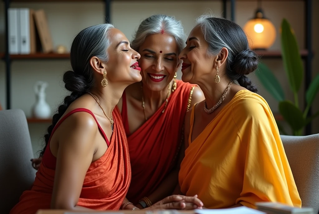 in luxerius office items sorrounded bright lighted modern indian office,three 65 years old eldery indian ladies in nude,lesbians,wildly kissing scalp keeping tongue out in sarees,red lipsstick,twin bun cornrowed braided hair,flooded with 10000000 liters hair oil into hair,hairs like oil pulp,slick combed hair lines highly visible,one lady kissing head scalp on top of the other lady.kissing,{{{{ nude}}}