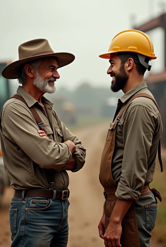 Smiling farmer with arms crossed and a hat turning his back to an industrial engineer also smiling and wearing a helmet and apron.