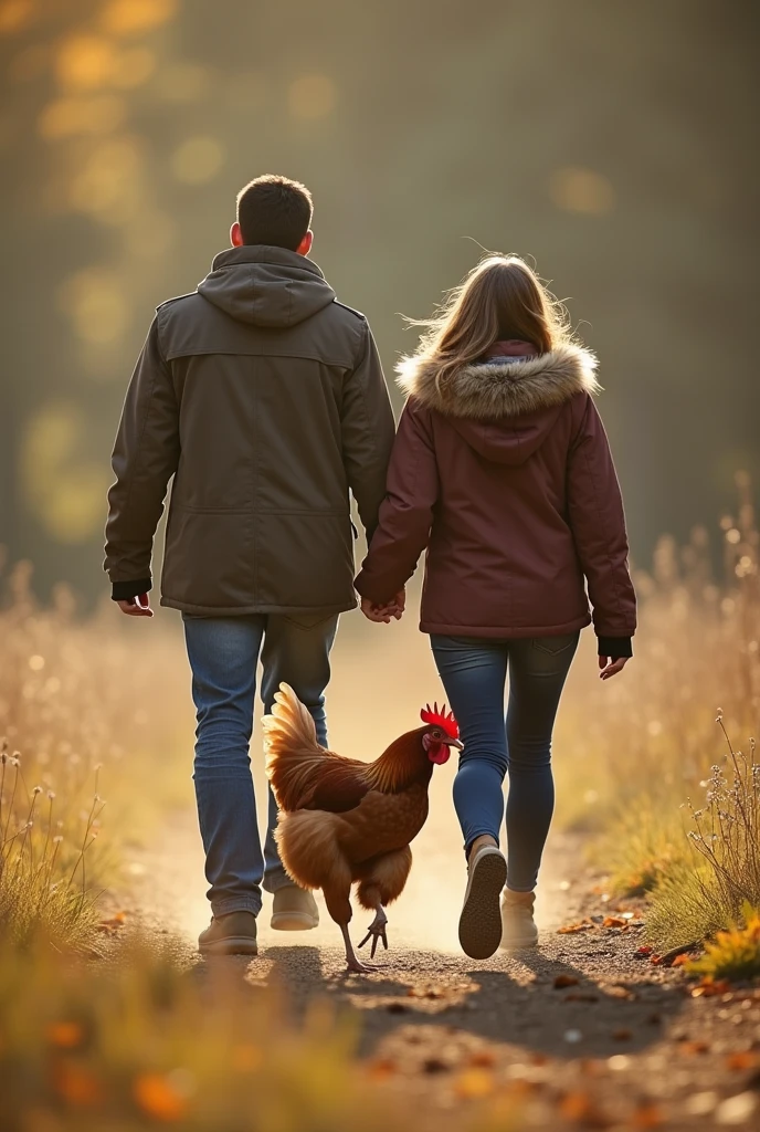 couple chasing a chicken